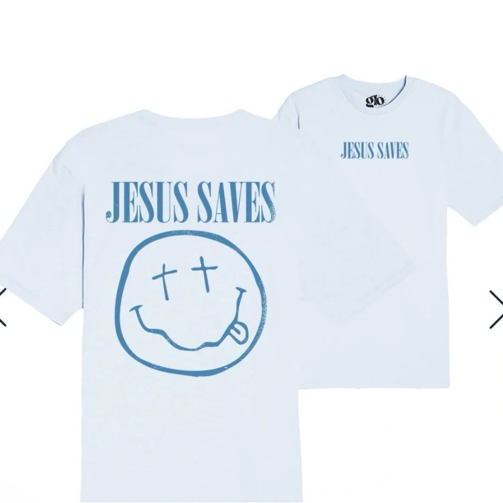 New glo 2X Jesus Saves dusty blue T shirt God’s love overcomes